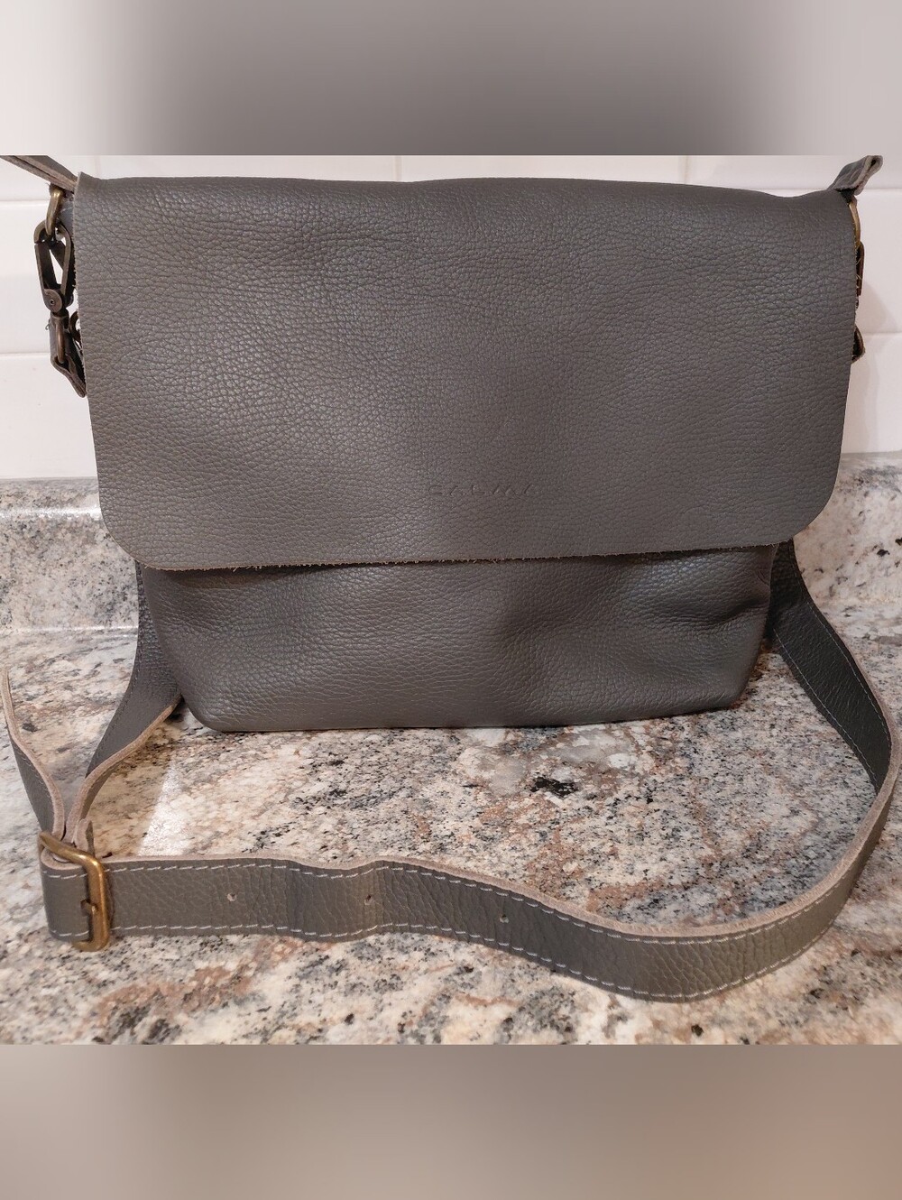 Calma 11600 Full Grain Pebbled Leather Gray Messenger Bag Tote W/Shldr Strap